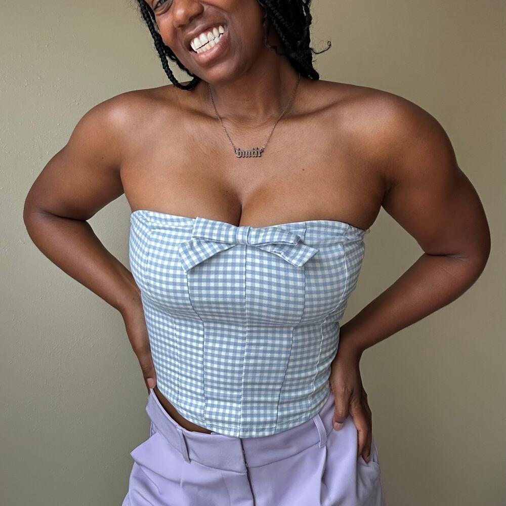 Altar’d State Blue Gingham Strapless Bow Top Size Large